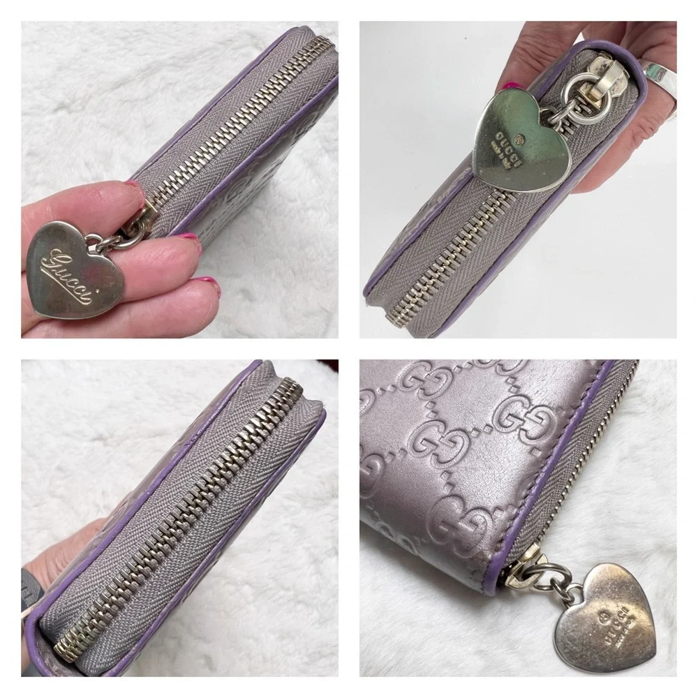 GUCCI GG Guccissima Heart Zip Around Long Wallet Metallic Lavender Authentic